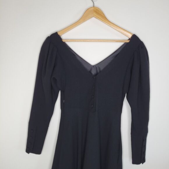 Vintage LAURA ASHLEY Black Wool Princess Dress Size 8 Puff Sleeve Cottagegoth - Picture 7 of 13